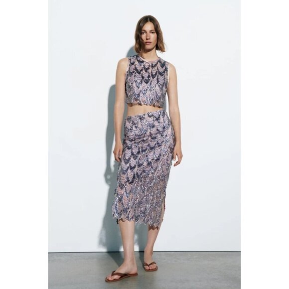 NWT Zara purple sequin and embroidered midi skirt, XS - Picture 1 of 13